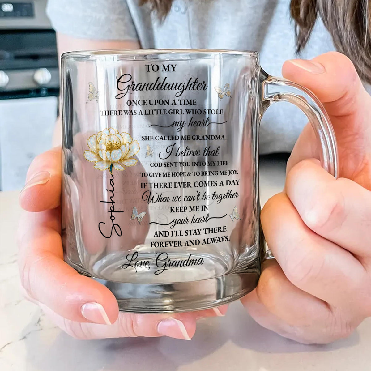 To My Granddaughter Once Upon A Time Flower And Butterfly - Personalized Custom Glass Mug - GDT389_GLM