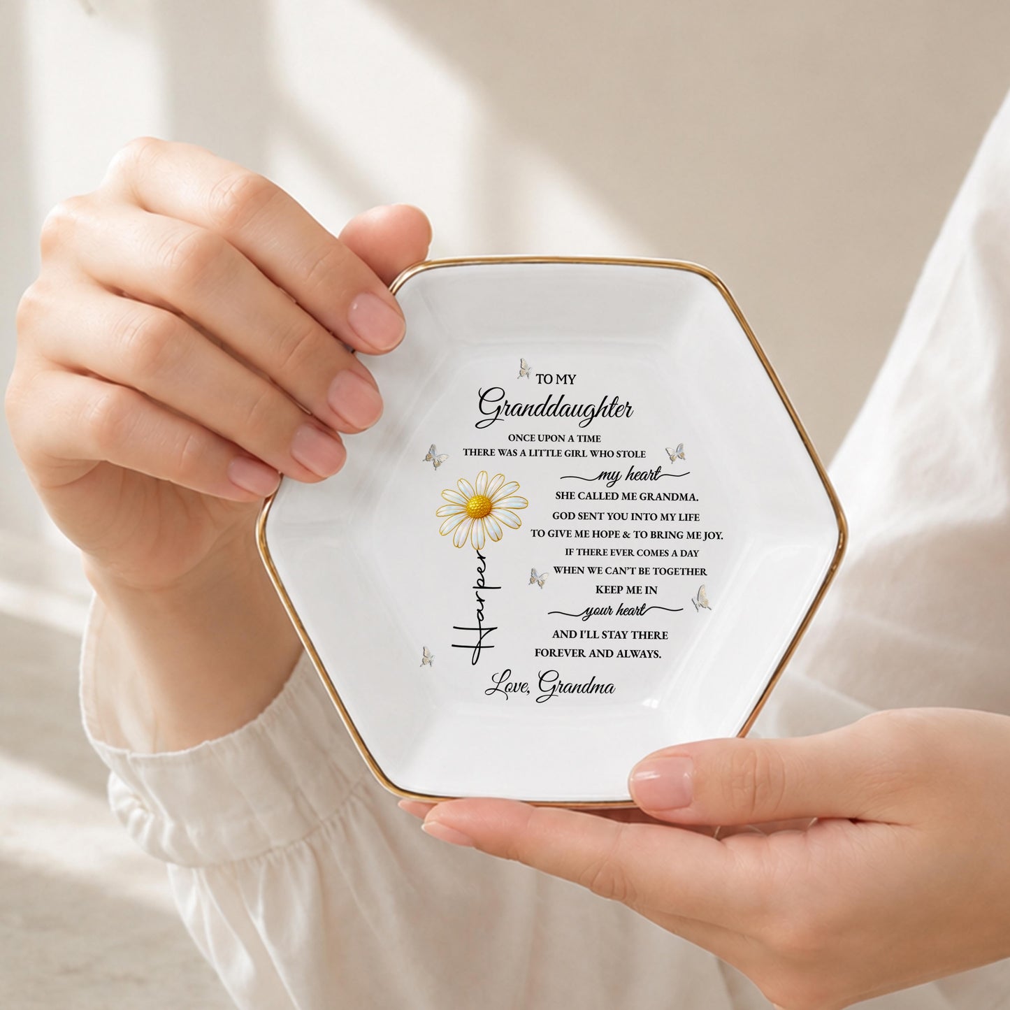 To My Granddaughter Once Upon A Time Flower And Butterfly - Personalized Custom Jewelry Dish, Ceramic Dish, Hexagonal Shape - GDT389_HECRD