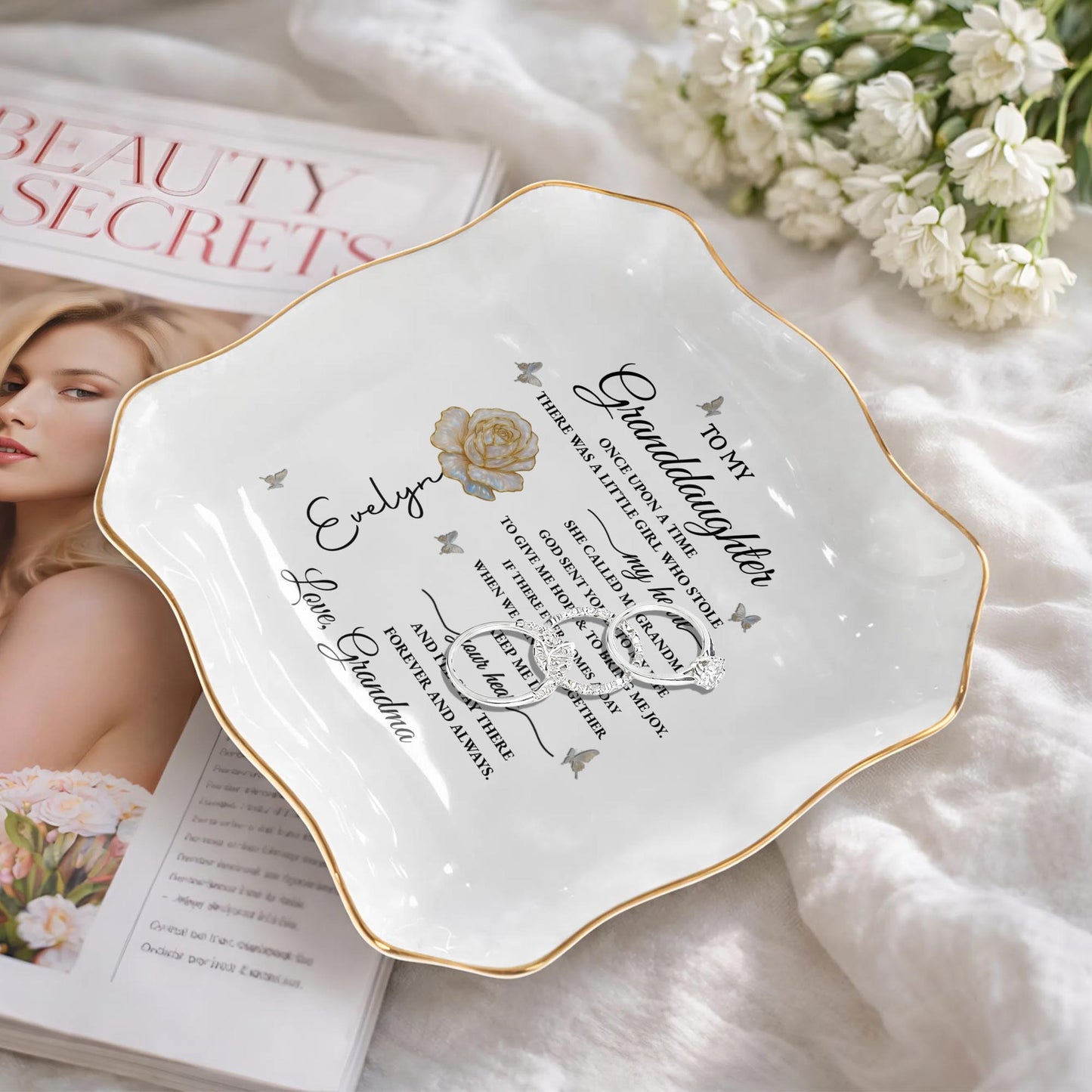 To My Granddaughter Once Upon A Time Flower Butterflies Jewelry Dish - Personalized Lace Square Jewelry Dish - GDT389_LCRF
