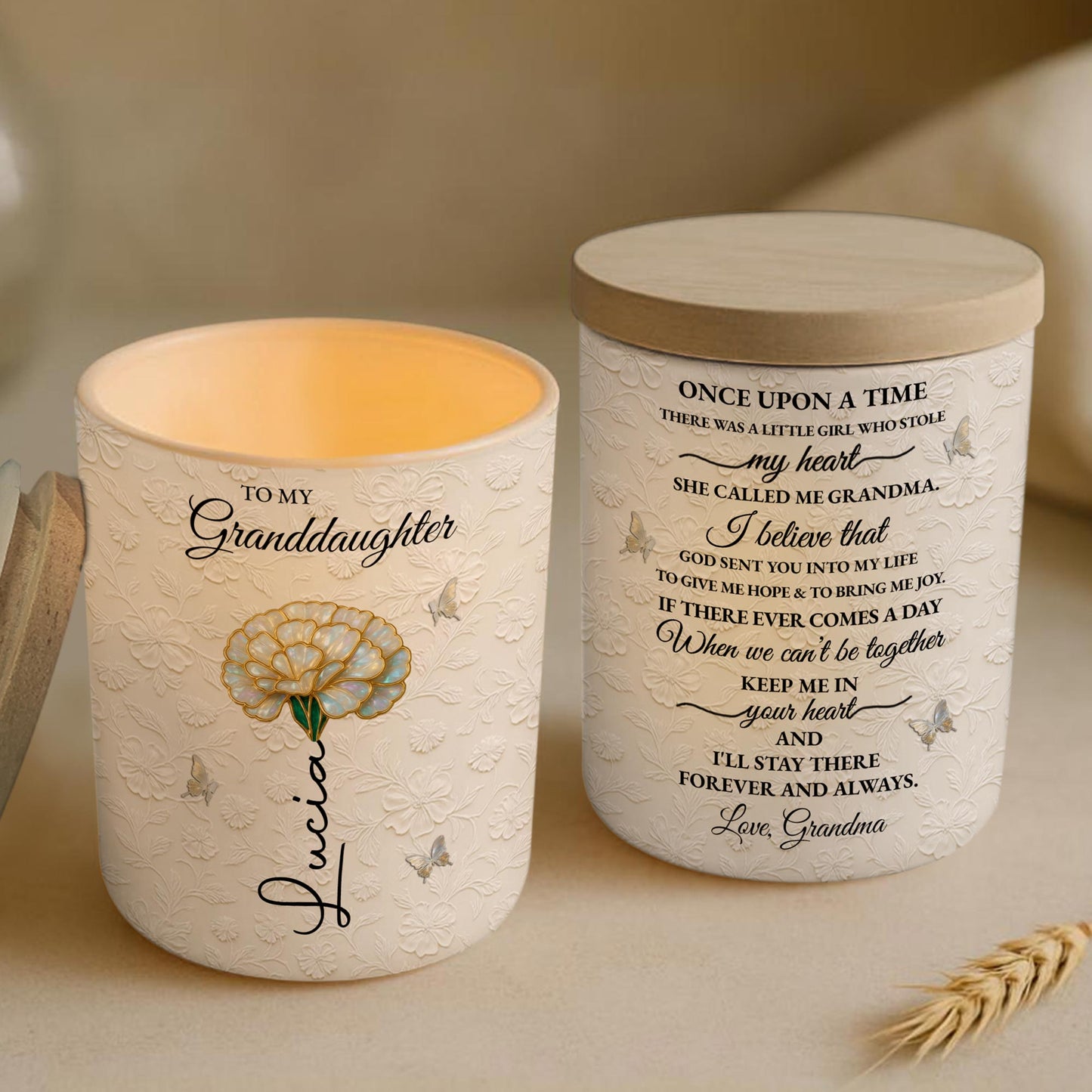 To My Granddaughter, Beautiful Glass Jar With Flower And Butterflies