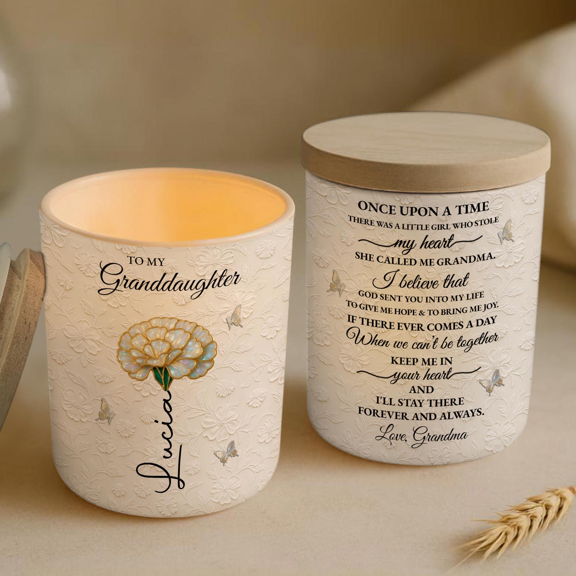 To My Granddaughter, Beautiful Glass Jar With Flower And Butterflies