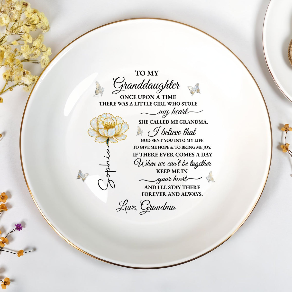 To My Granddaughter Once Upon A Time Flower And Butterflies Jewelry Dish - Personalized Custom Jewelry Dish, Ceramic Dish, Round Shape - GDT389_RCRF