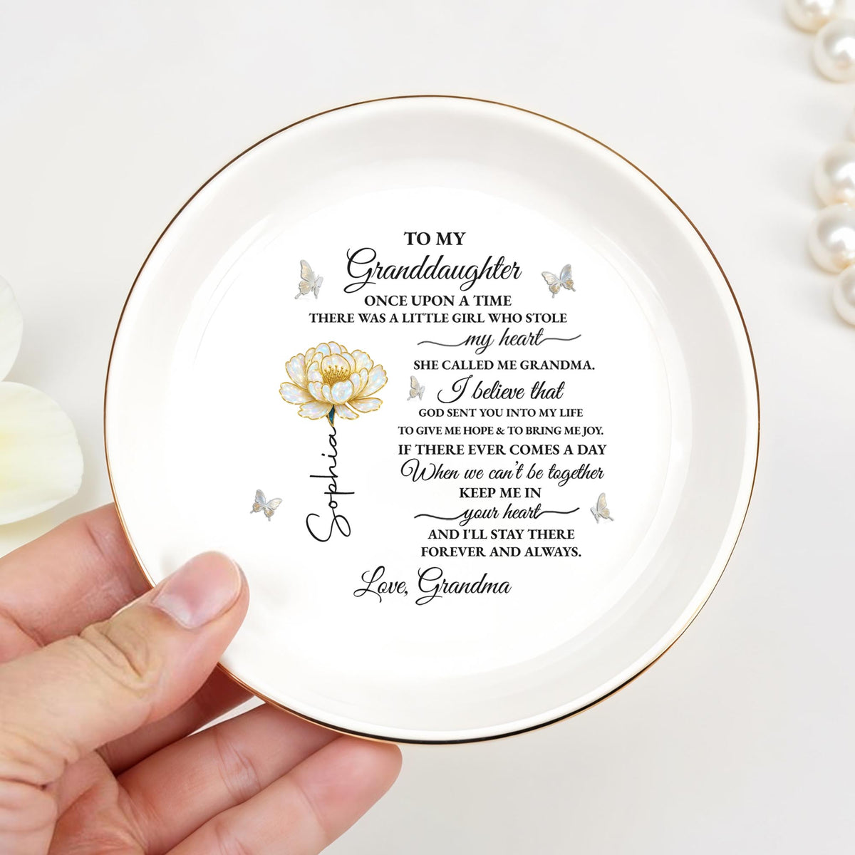 To My Granddaughter Once Upon A Time Flower And Butterflies Jewelry Dish - Personalized Custom Jewelry Dish, Ceramic Dish, Round Shape - GDT389_RCRF