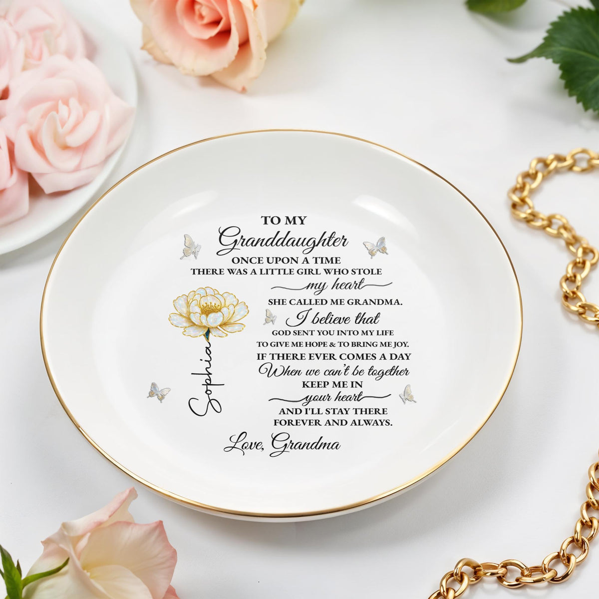 To My Granddaughter Once Upon A Time Flower And Butterflies Jewelry Dish - Personalized Custom Jewelry Dish, Ceramic Dish, Round Shape - GDT389_RCRF