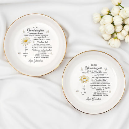 To My Granddaughter Once Upon A Time Flower And Butterflies Jewelry Dish - Personalized Custom Jewelry Dish, Ceramic Dish, Round Shape - GDT389_RCRF