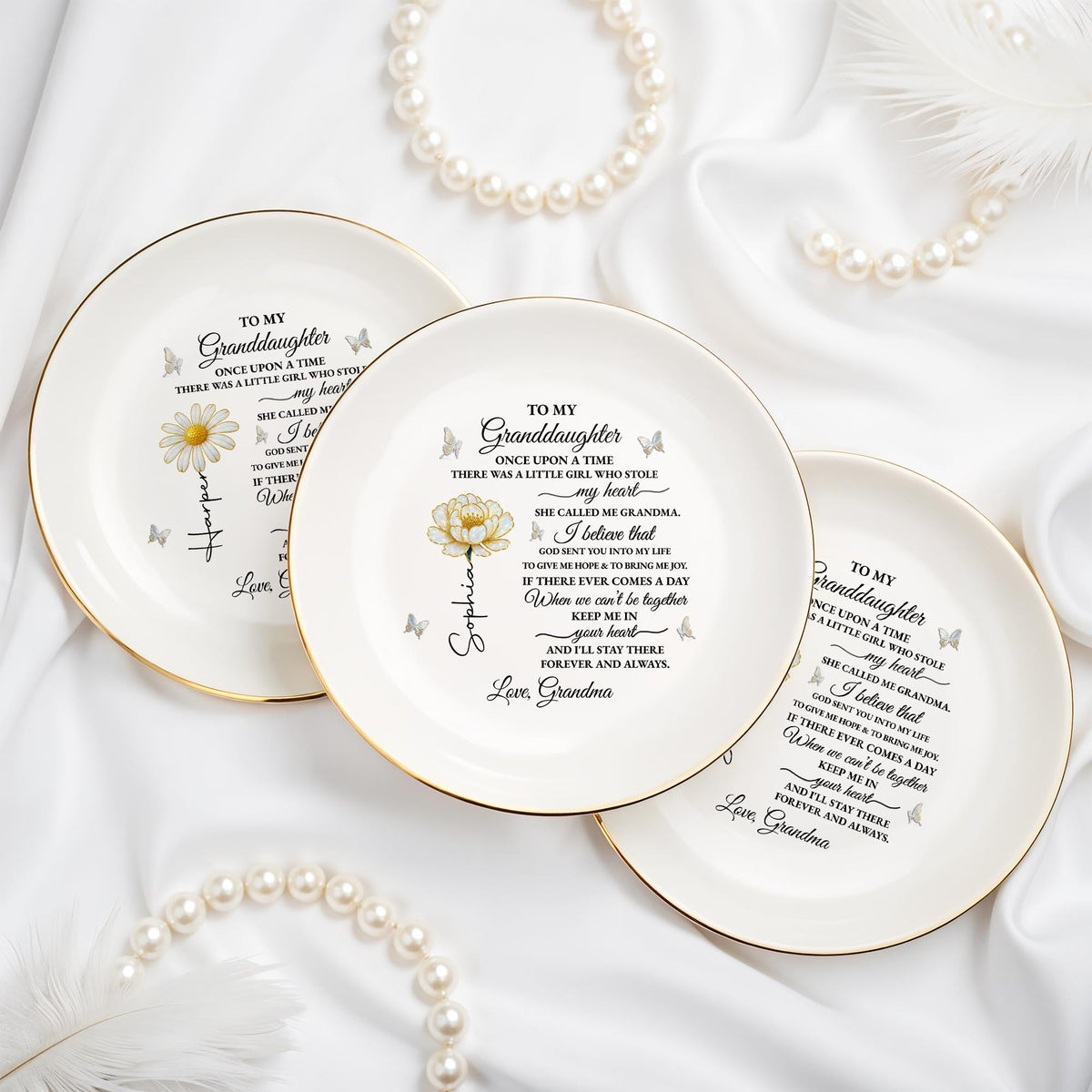 To My Granddaughter Once Upon A Time Flower And Butterflies Jewelry Dish - Personalized Custom Jewelry Dish, Ceramic Dish, Round Shape - GDT389_RCRF