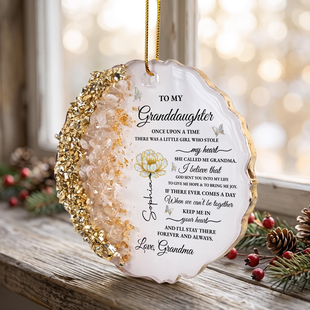 To My Granddaughter Once Upon A Time Flower and Butterflies Resin Ornament - Personalized Resin Ornament - GDT389_RESIO