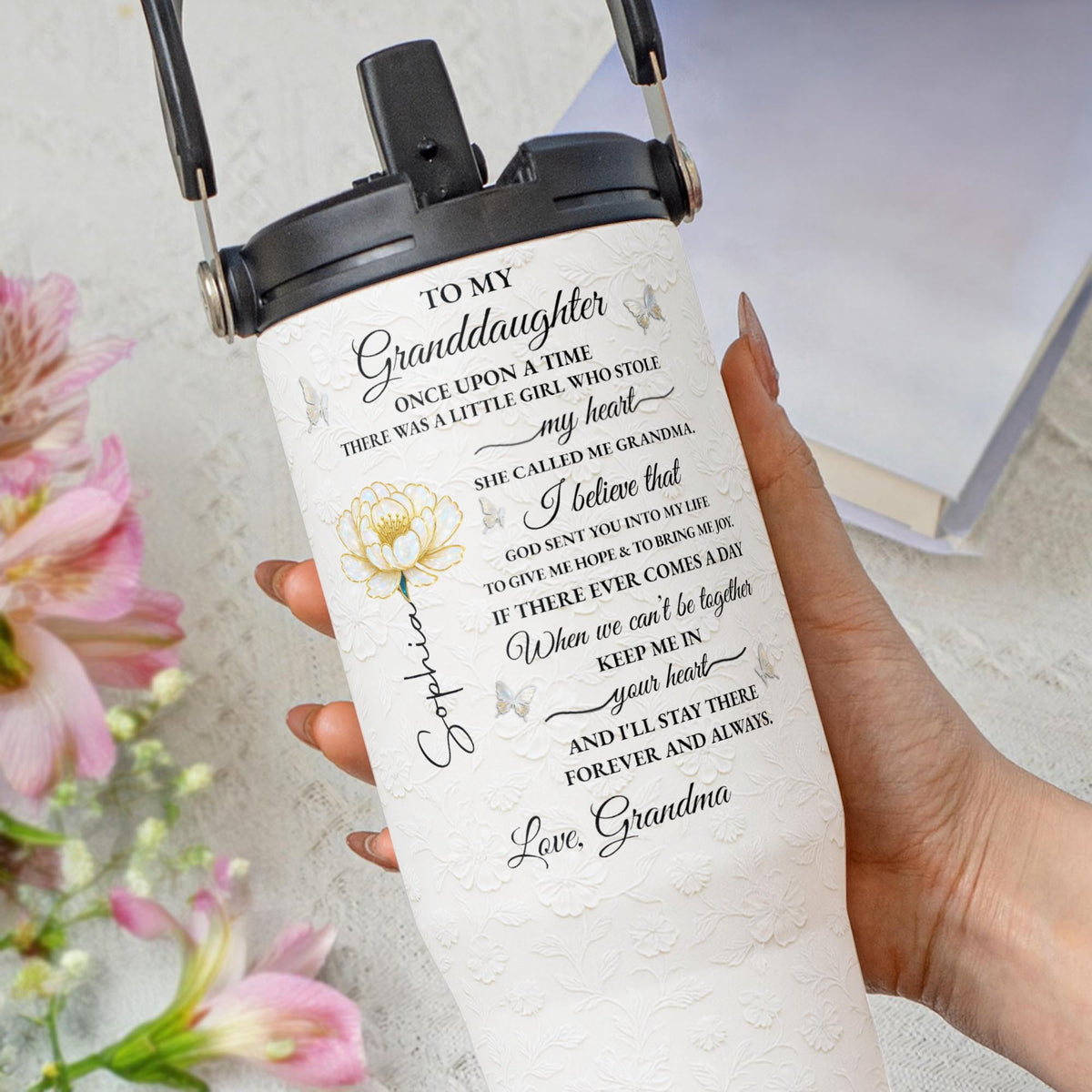 To My Granddaughter Once Upon A Time Flower Butterflies Floral Design - Personalized 30oz Tumbler With Handle - GDT389_TBH