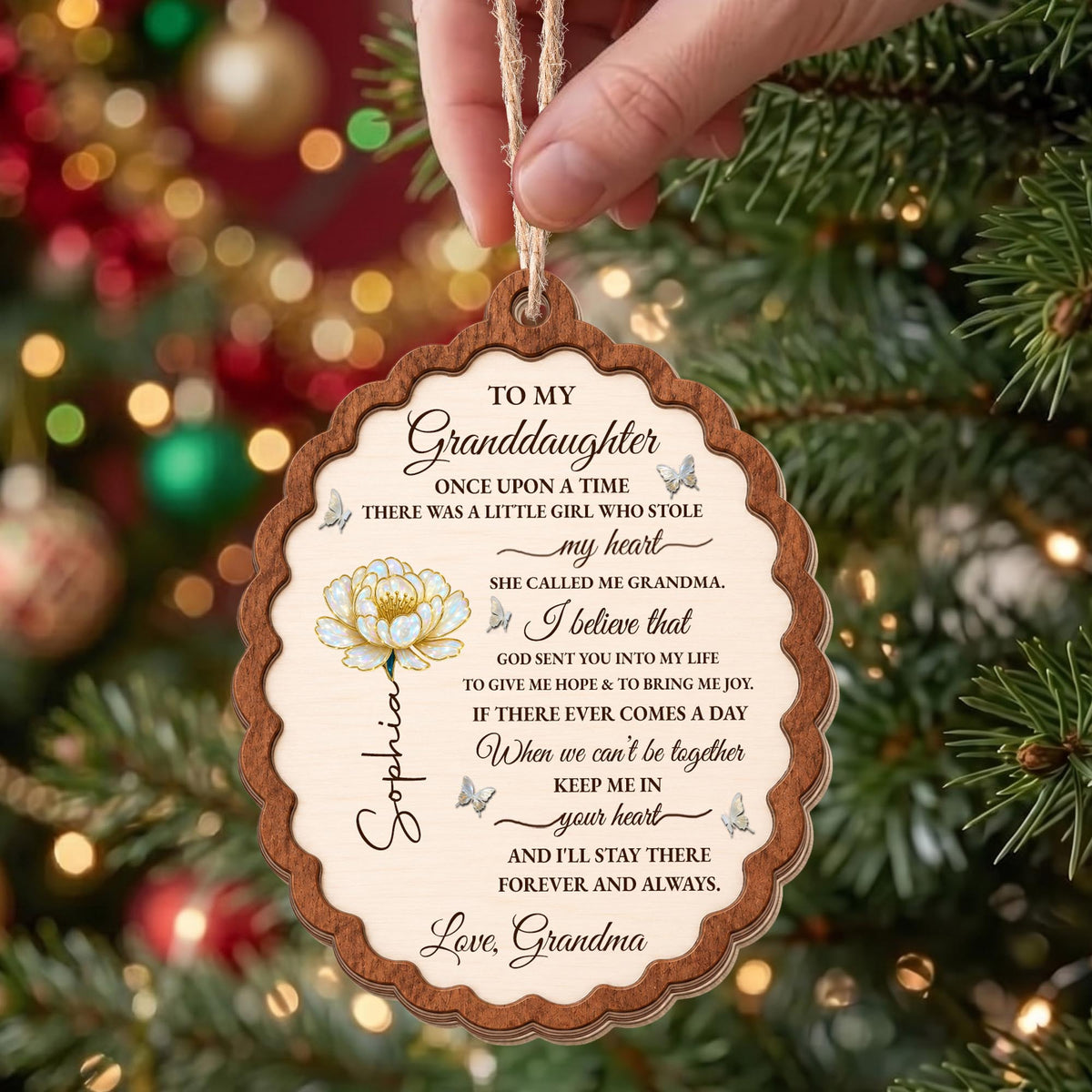 To My Granddaughter Once Upon A Time Flower Butterflies Wood Ornament - Personalized Custom Wood Ornament, Custom Shaped - GDT389_WDO