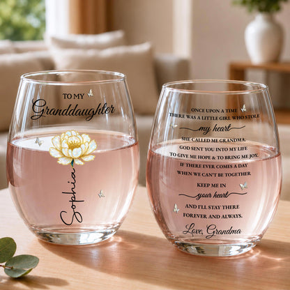 To My Granddaughter Once Upon A Time Birth Month Flower Butterflies - Personalized Stemless Wine Glass - GDT389_WIGL