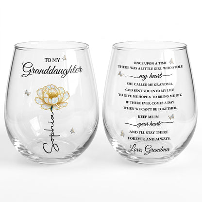 To My Granddaughter Once Upon A Time Birth Month Flower Butterflies - Personalized Stemless Wine Glass - GDT389_WIGL