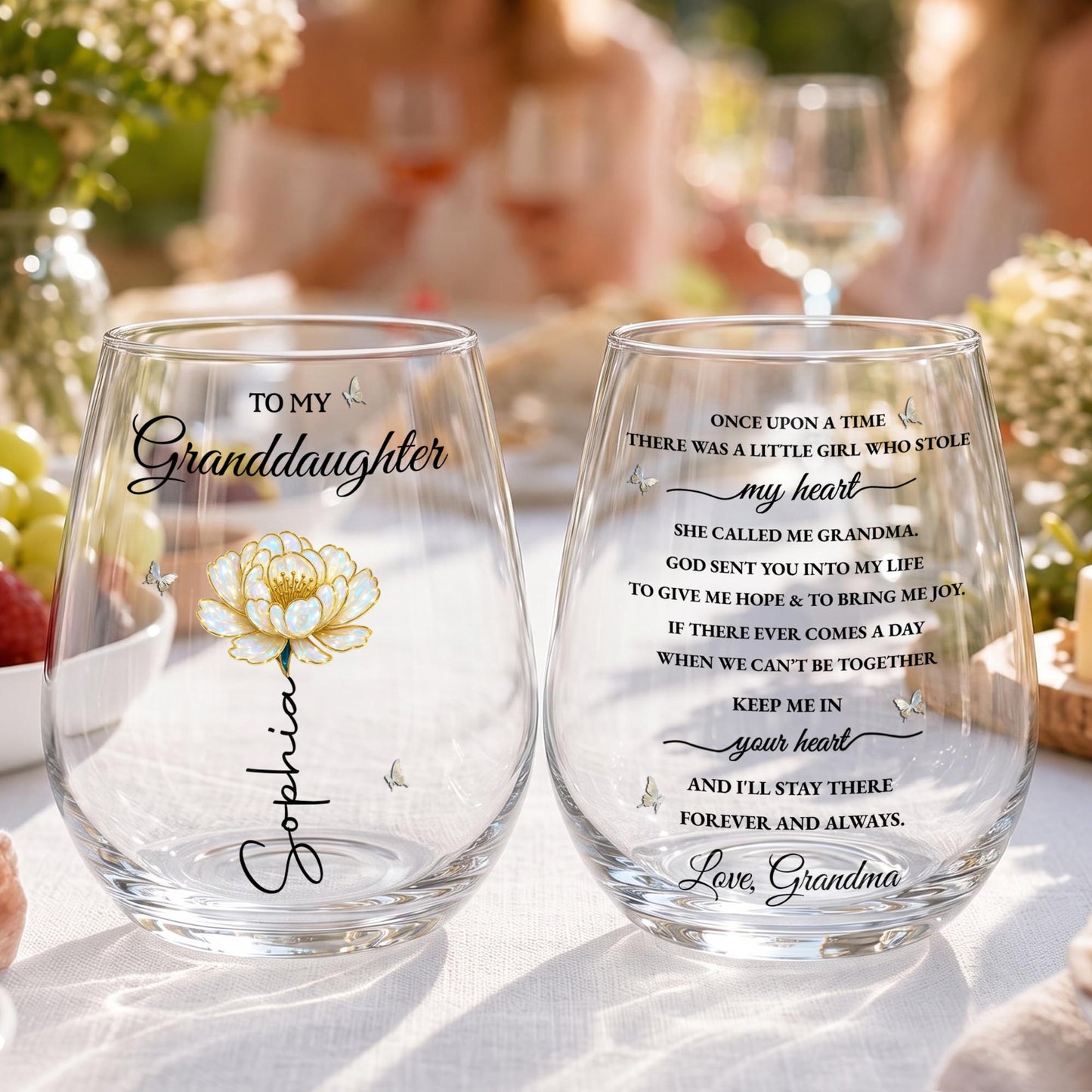 To My Granddaughter Once Upon A Time Birth Month Flower Butterflies - Personalized Stemless Wine Glass - GDT389_WIGL