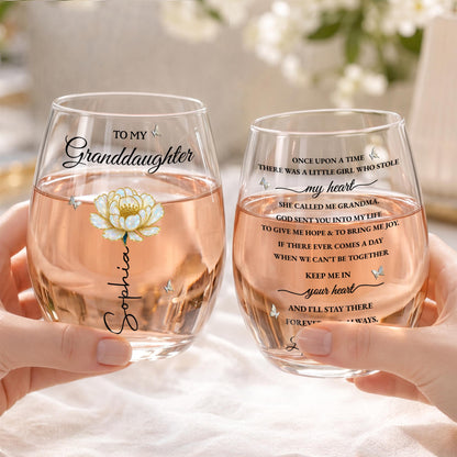To My Granddaughter Once Upon A Time Birth Month Flower Butterflies - Personalized Stemless Wine Glass - GDT389_WIGL