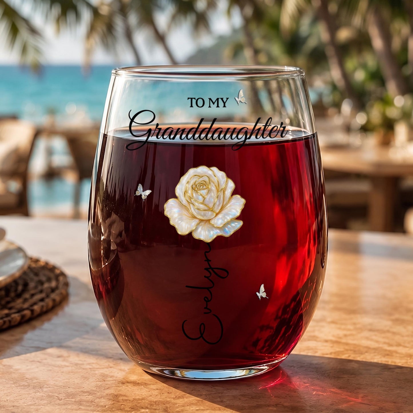 To My Granddaughter Once Upon A Time Birth Month Flower Butterflies - Personalized Stemless Wine Glass - GDT389_WIGL