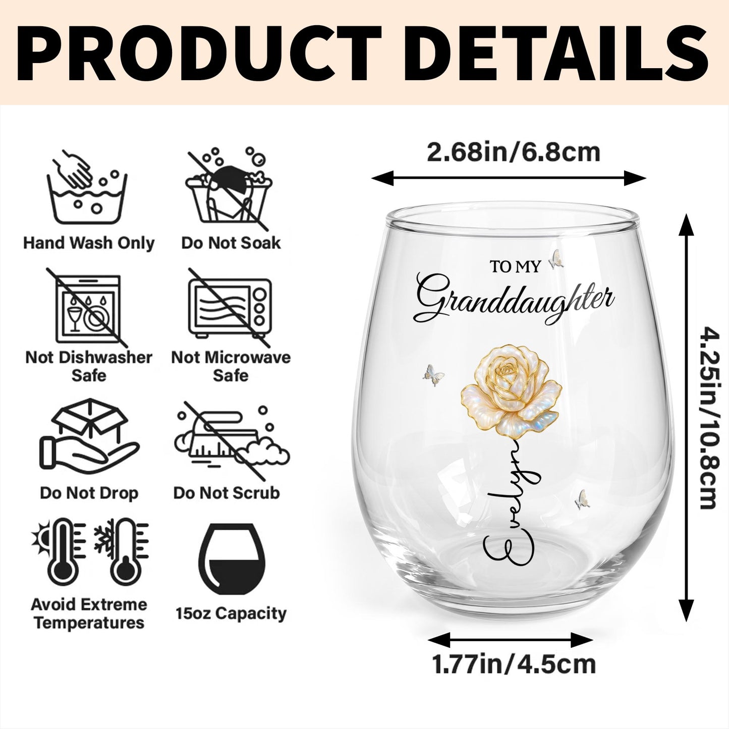 To My Granddaughter Once Upon A Time Birth Month Flower Butterflies - Personalized Stemless Wine Glass - GDT389_WIGL