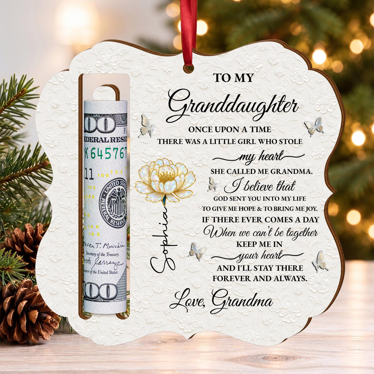 To My Granddaughter Once Upon A Time Flower And Butterflies - Personalized Wooden Money Holder Ornament - GDT389_WMOHO