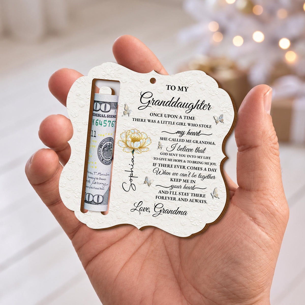 To My Granddaughter Once Upon A Time Flower And Butterflies - Personalized Wooden Money Holder Ornament - GDT389_WMOHO
