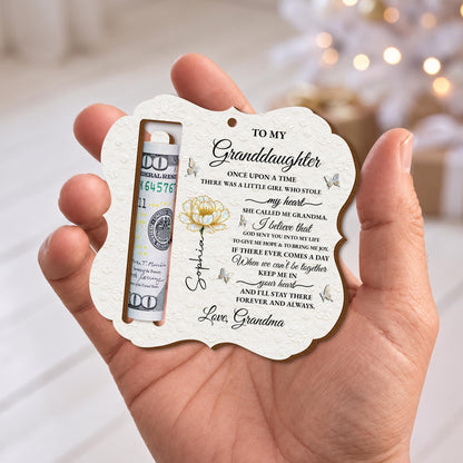 To My Granddaughter Once Upon A Time Flower And Butterflies - Personalized Wooden Money Holder Ornament - GDT389_WMOHO