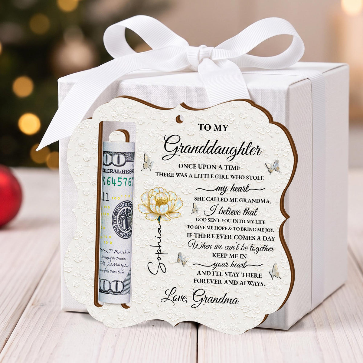To My Granddaughter Once Upon A Time Flower And Butterflies - Personalized Wooden Money Holder Ornament - GDT389_WMOHO