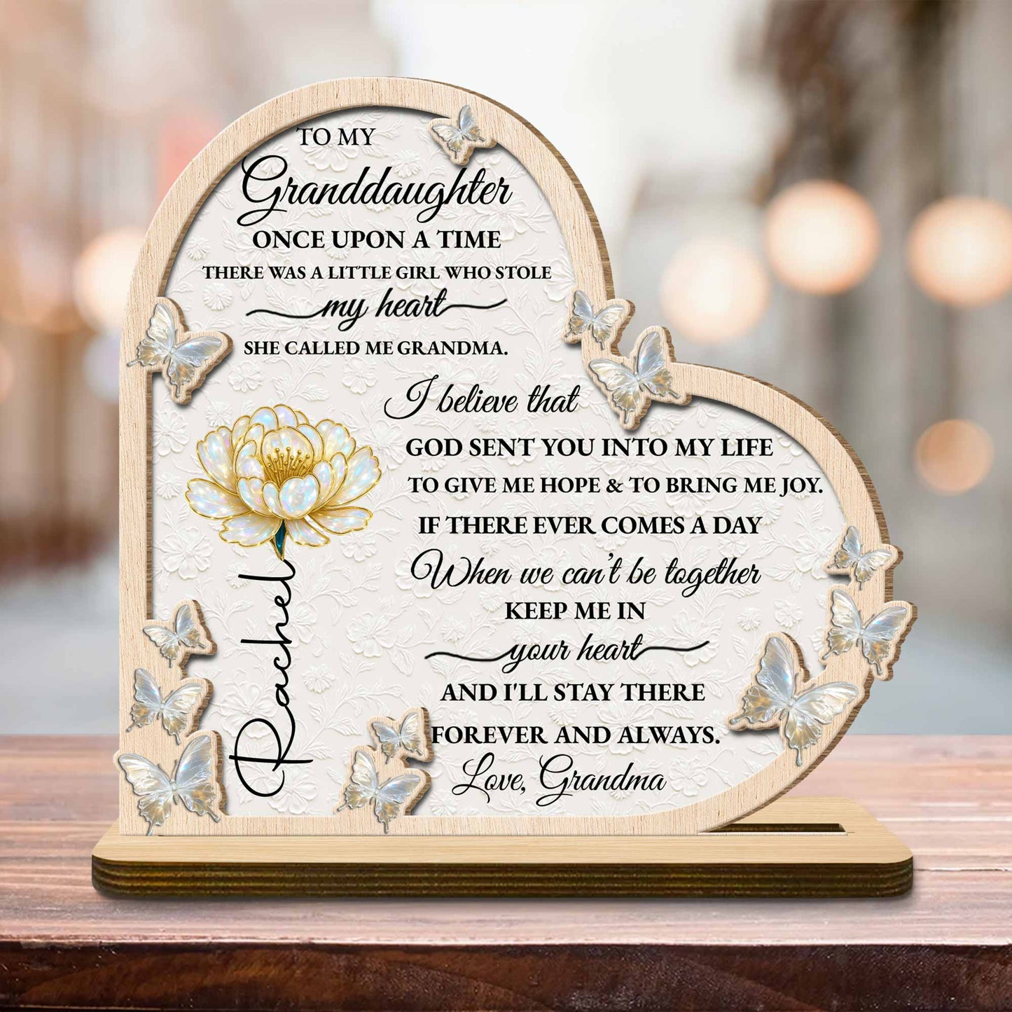 To My Granddaughter, Once Upon A Time, Butterfly And Flower - Personalized Custom 2-Layer Wood Plaque With Flat Base - GDT389_WPLA