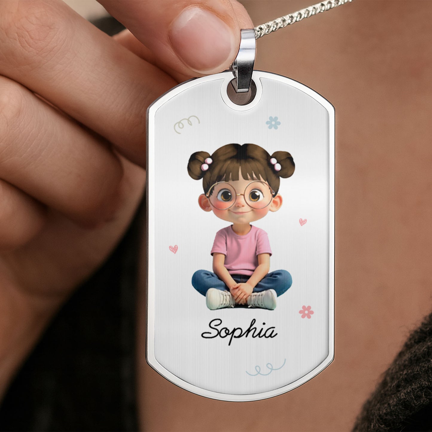 Customizable Name & Image Necklace Featuring Cute Childlike Character