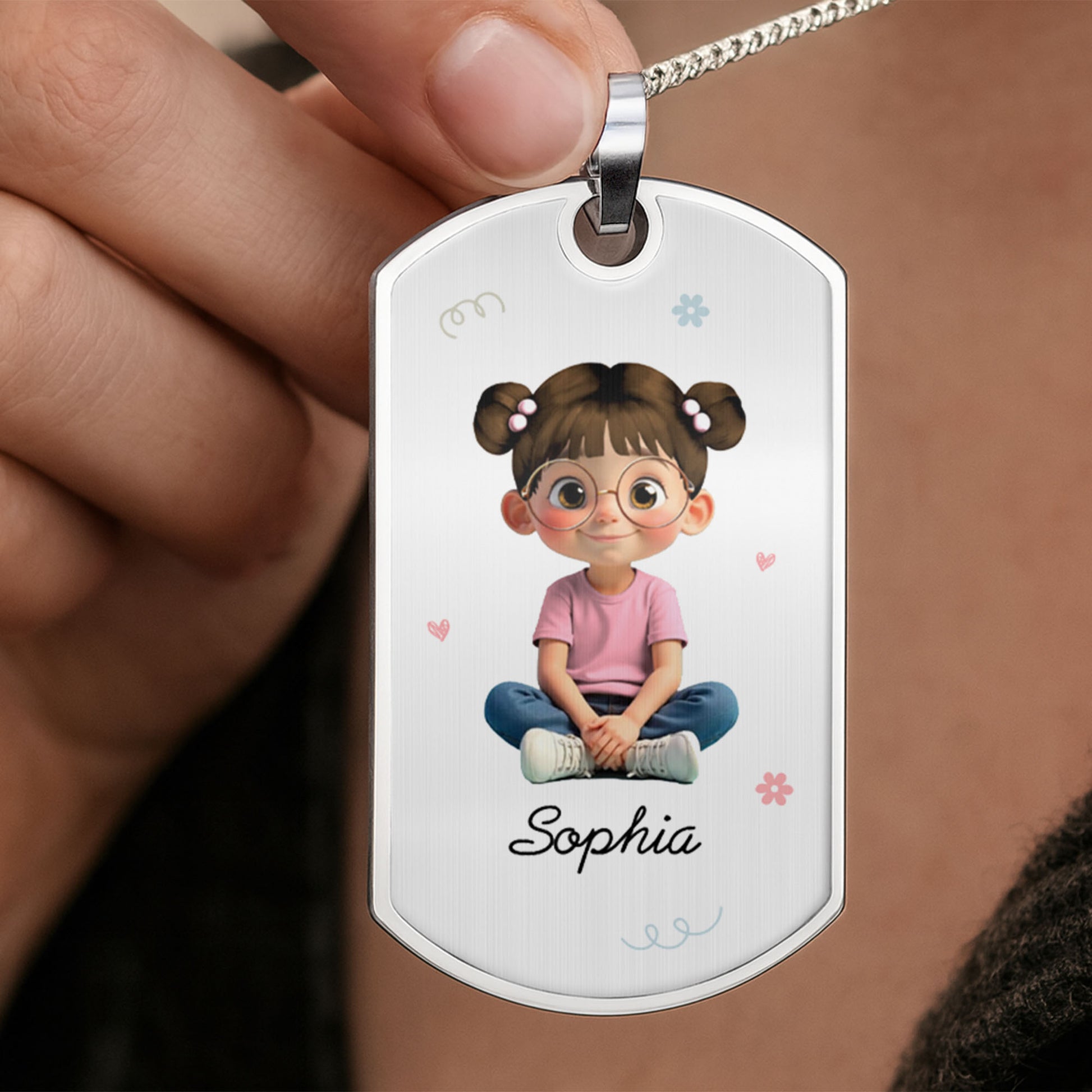 Customizable Name & Image Necklace Featuring Cute Childlike Character