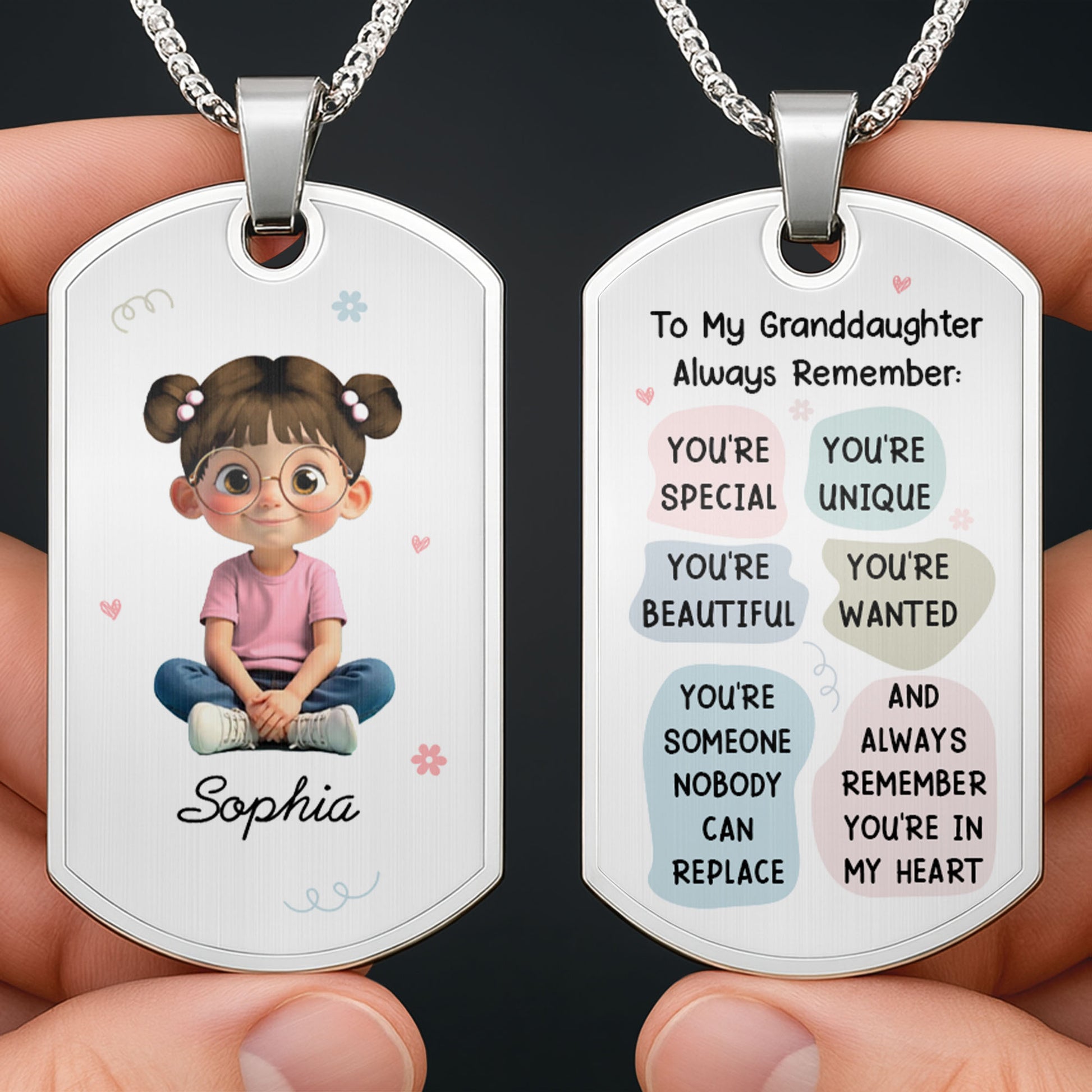 Customizable Name & Image Necklace Featuring Cute Childlike Character