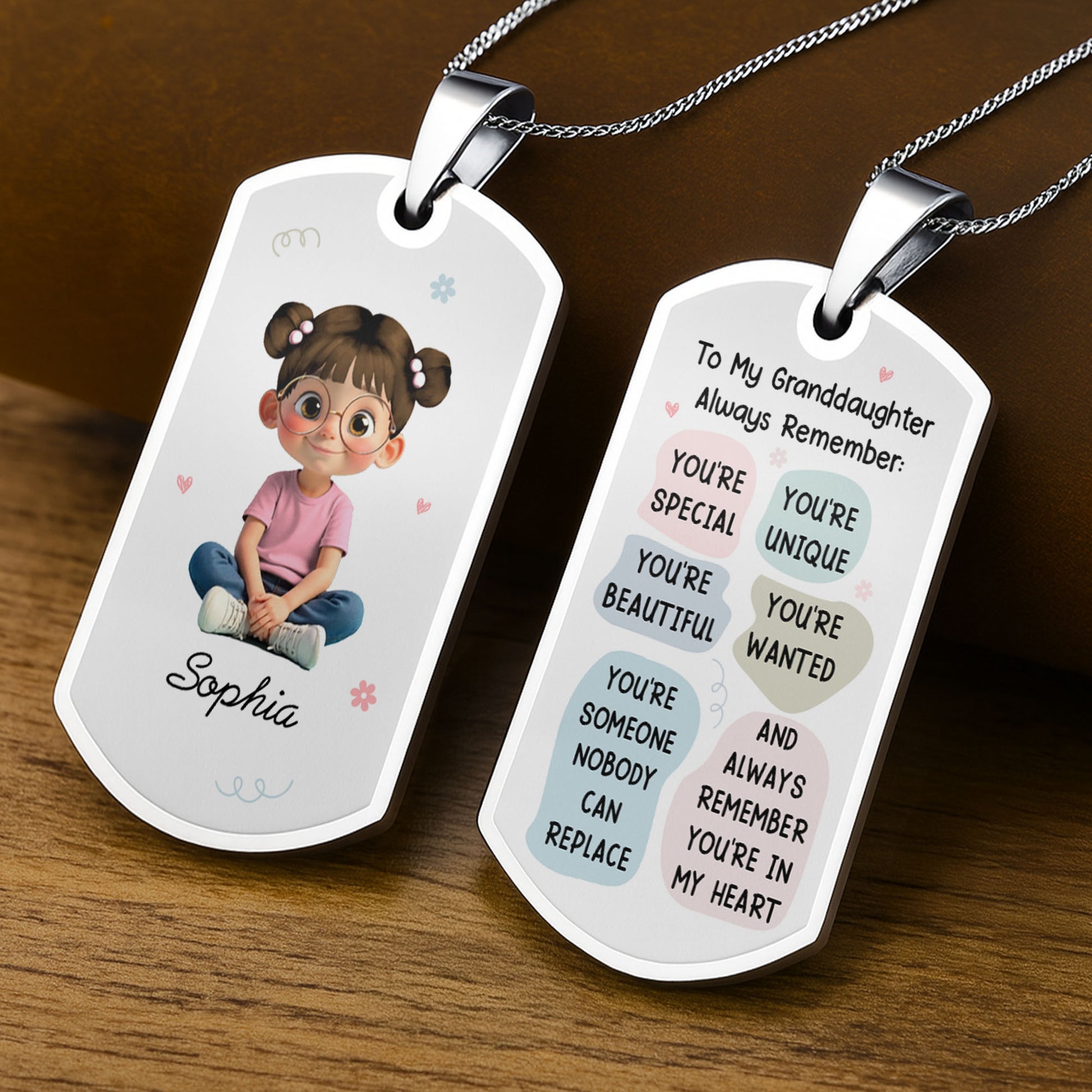 Customizable Name & Image Necklace Featuring Cute Childlike Character