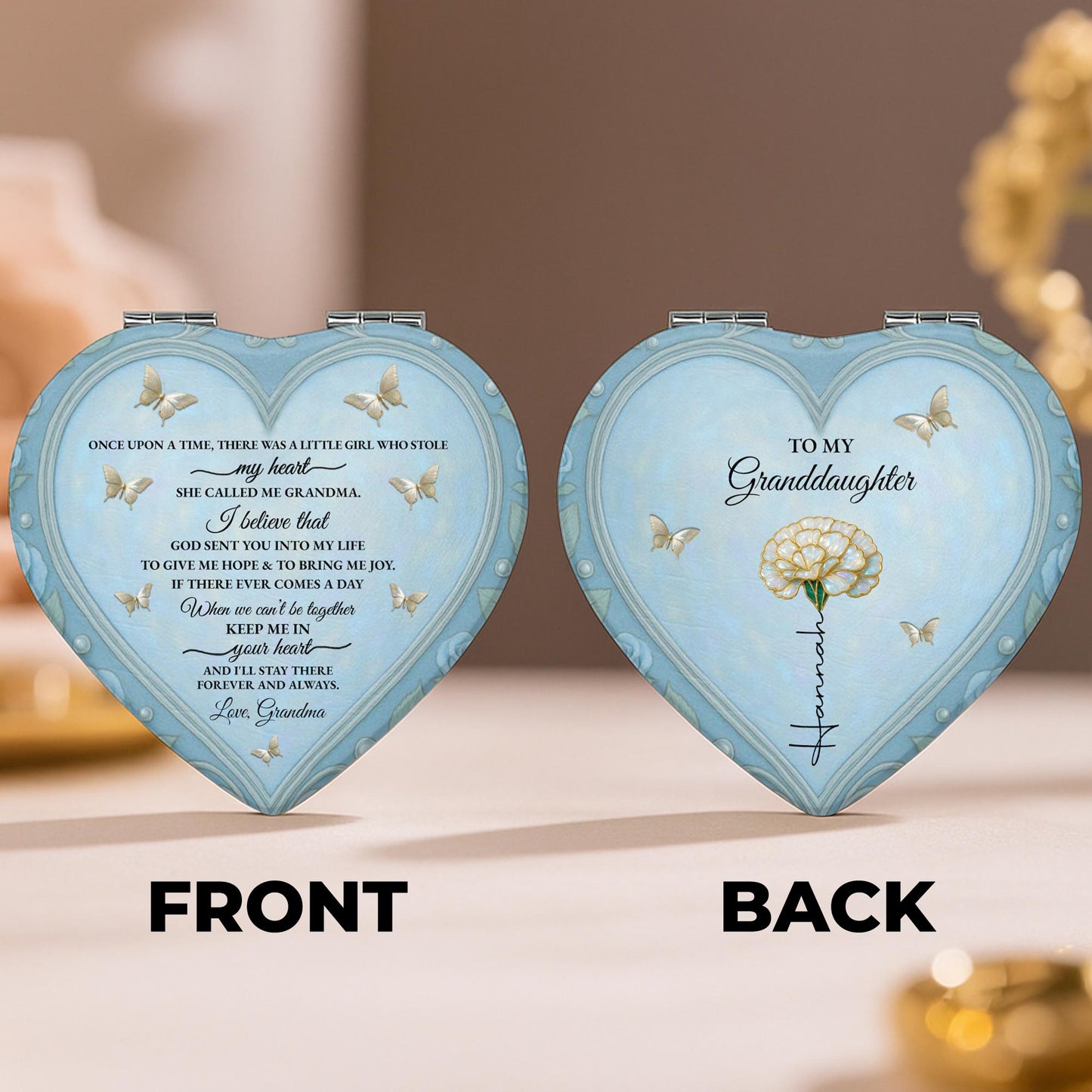 To My Granddaughter Daisy And Butterflies Heartfelt Message - Custom Heart Compact Mirror - GDT403_HCOM