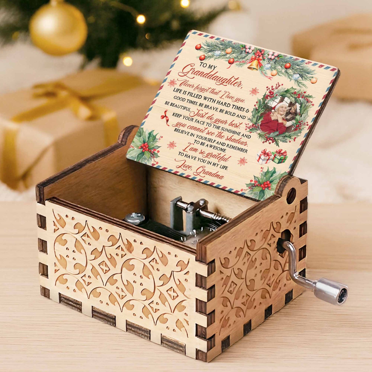 To My Granddaughter, Christmas Gifts And Holly Design