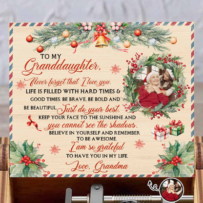 To My Granddaughter, Christmas Gifts And Holly Design
