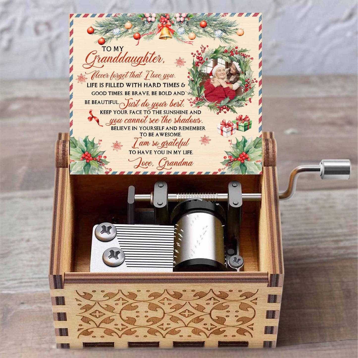 To My Granddaughter, Christmas Gifts And Holly Design