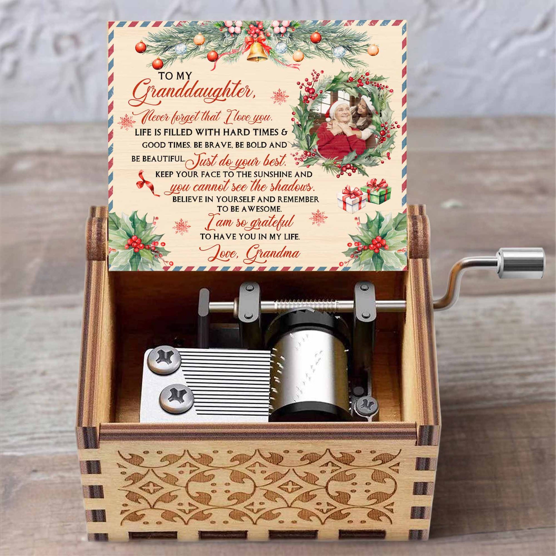 To My Granddaughter, Christmas Gifts And Holly Design