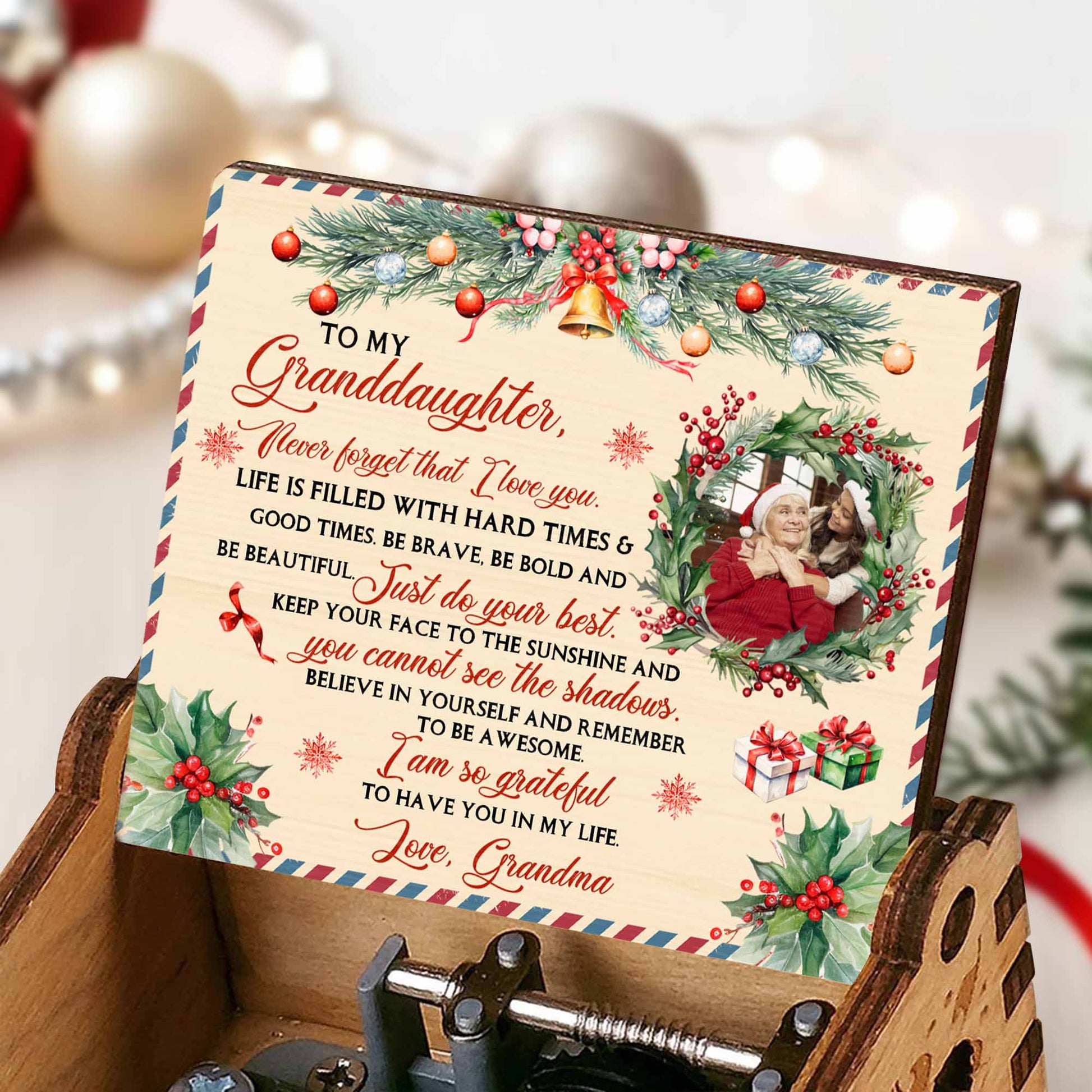 To My Granddaughter, Christmas Gifts And Holly Design