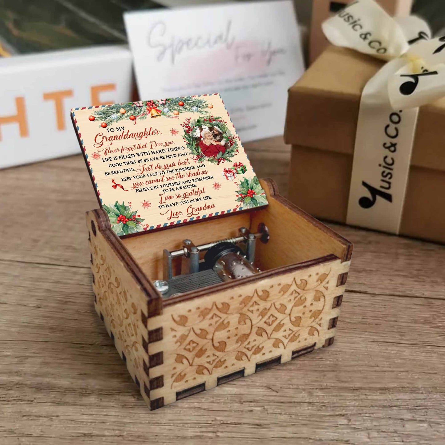 To My Granddaughter, Christmas Gifts And Holly Design