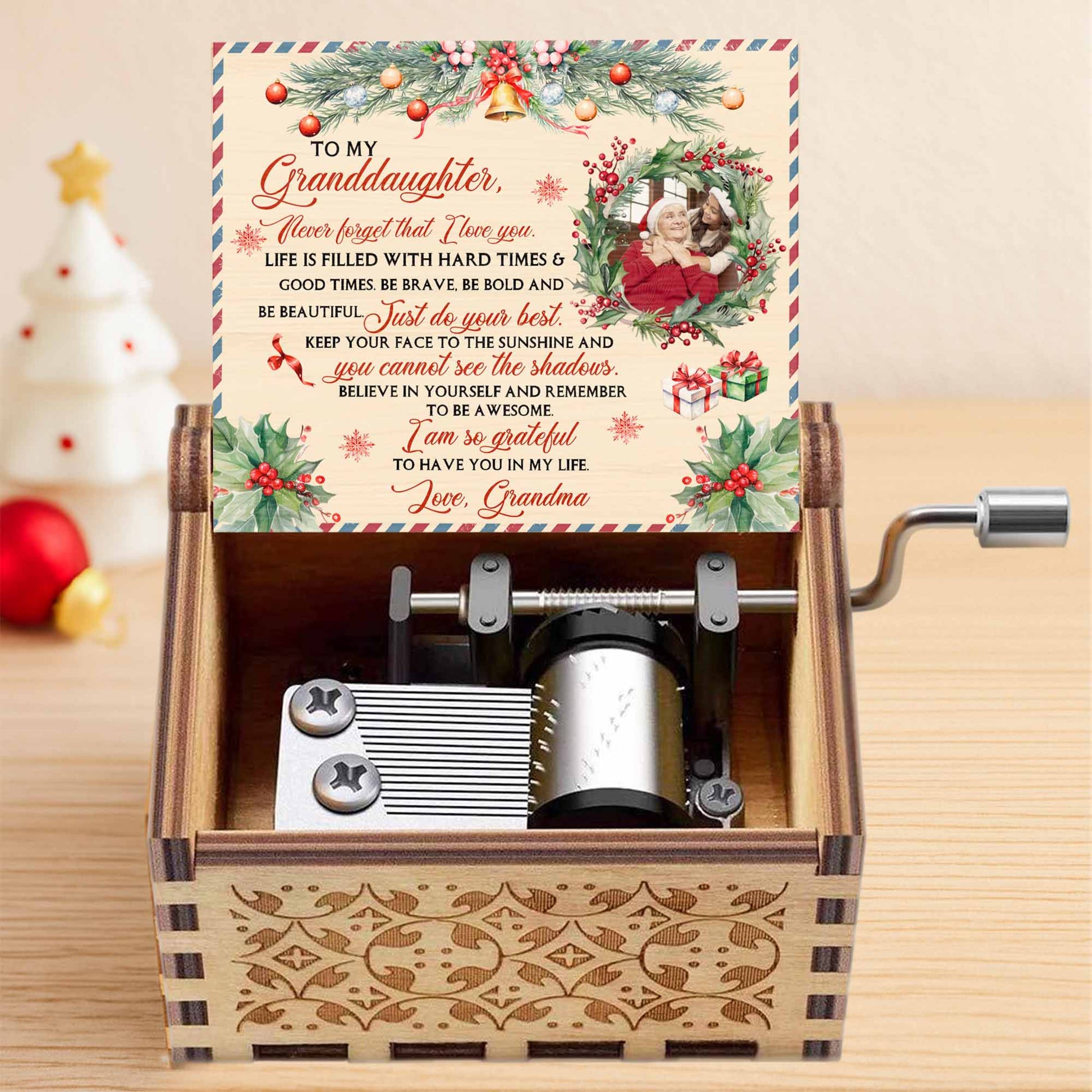 To My Granddaughter, Christmas Gifts And Holly Design