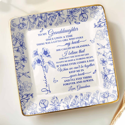 To My Granddaughter, Once Upon A Time, Flowers Design - Personalized Custom Jewelry Dish, Ceramic Dish, Square Shape - GDT406_SCRF