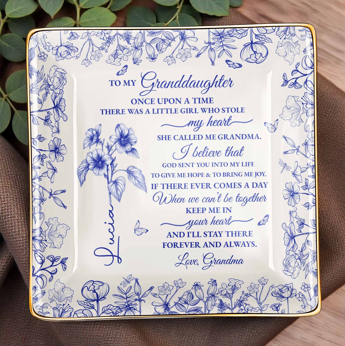 To My Granddaughter, Once Upon A Time, Flowers Design - Personalized Custom Jewelry Dish, Ceramic Dish, Square Shape - GDT406_SCRF
