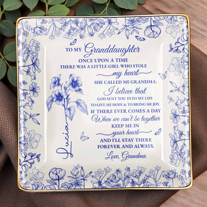 To My Granddaughter, Once Upon A Time, Flowers Design - Personalized Custom Jewelry Dish, Ceramic Dish, Square Shape - GDT406_SCRF
