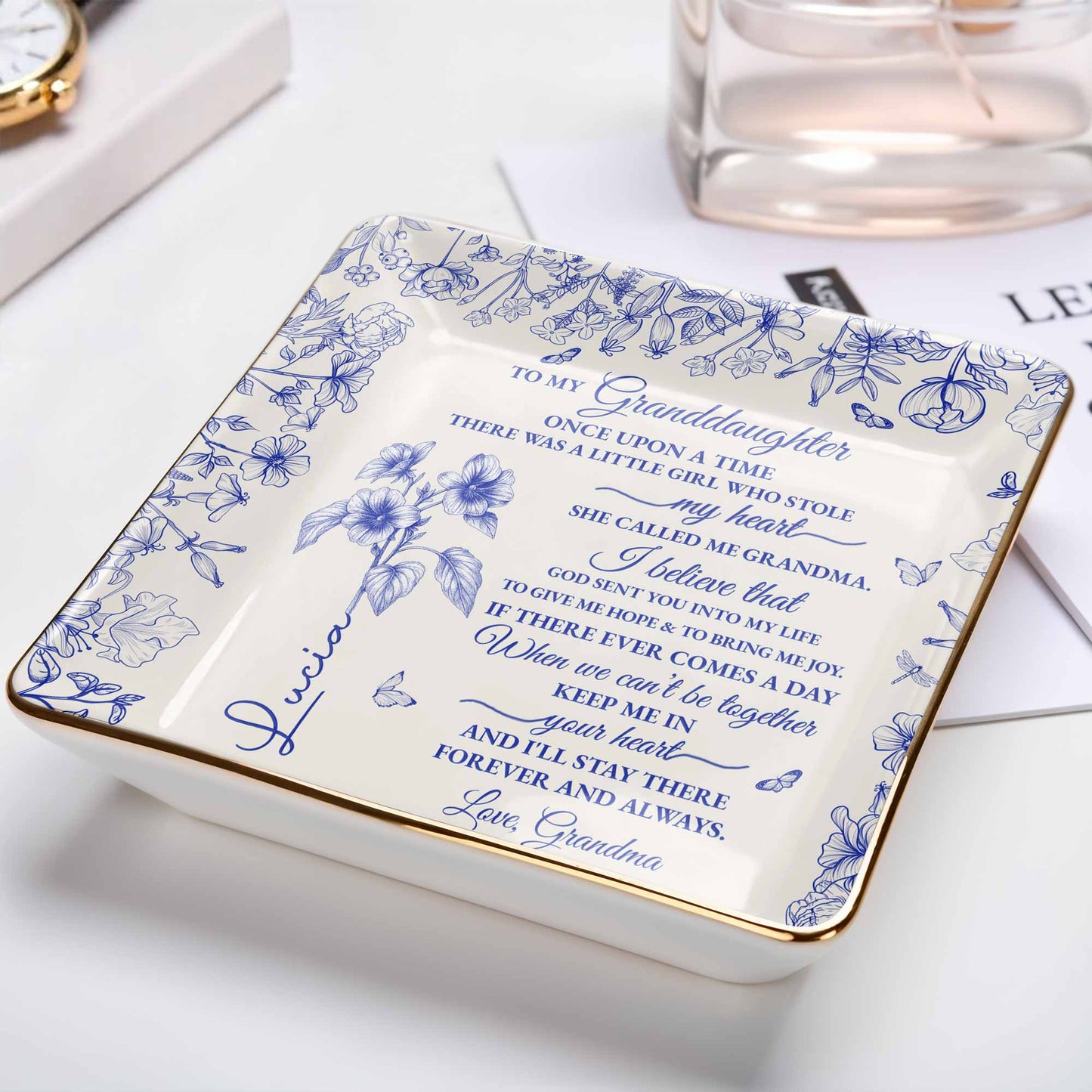 To My Granddaughter, Once Upon A Time, Flowers Design - Personalized Custom Jewelry Dish, Ceramic Dish, Square Shape - GDT406_SCRF