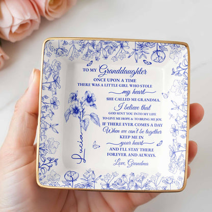 To My Granddaughter, Once Upon A Time, Flowers Design - Personalized Custom Jewelry Dish, Ceramic Dish, Square Shape - GDT406_SCRF