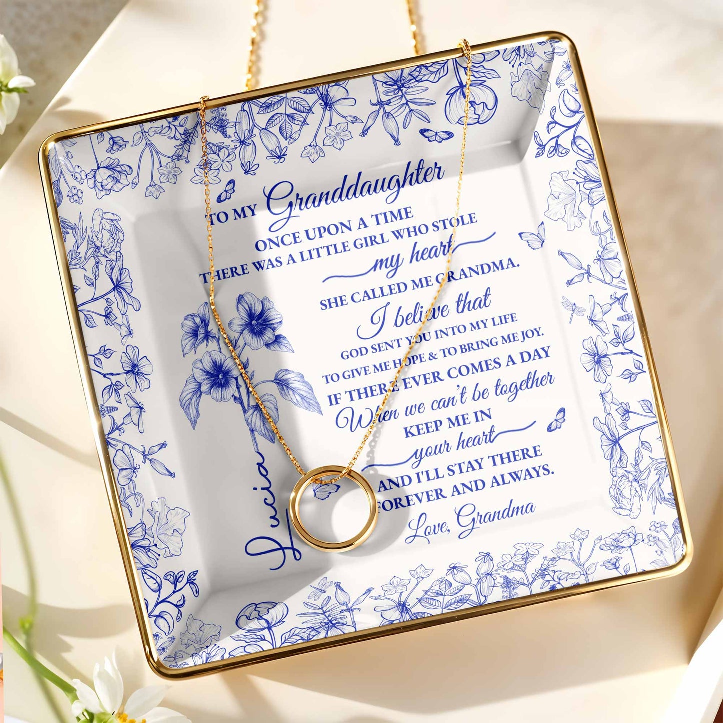 To My Granddaughter, Once Upon A Time, Flowers Design - Personalized Custom Jewelry Dish, Ceramic Dish, Square Shape - GDT406_SCRF