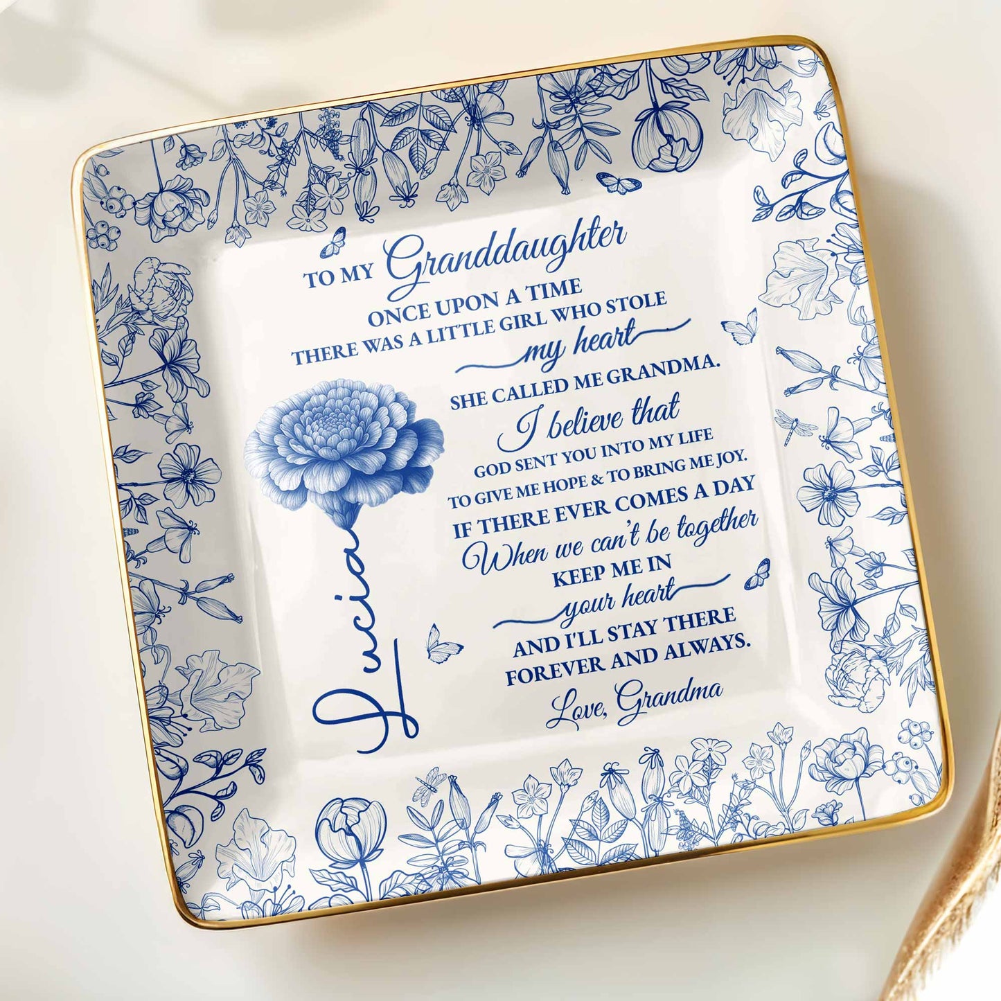 To My Granddaughter Once Upon A Time, Flowers - Personalized Custom Jewelry Dish, Ceramic Dish, Square Shape - GDT408_SCRF