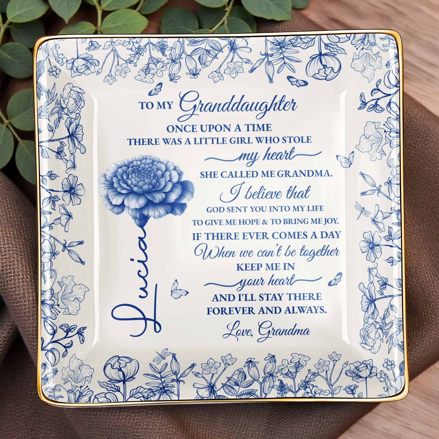 To My Granddaughter Once Upon A Time, Flowers - Personalized Custom Jewelry Dish, Ceramic Dish, Square Shape - GDT408_SCRF