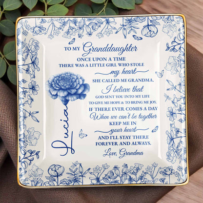 To My Granddaughter Once Upon A Time, Flowers - Personalized Custom Jewelry Dish, Ceramic Dish, Square Shape - GDT408_SCRF
