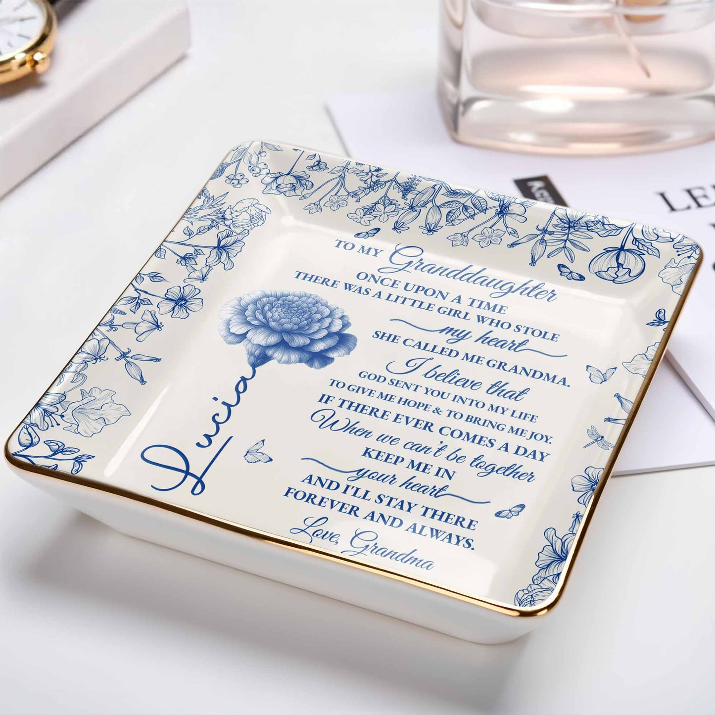 To My Granddaughter Once Upon A Time, Flowers - Personalized Custom Jewelry Dish, Ceramic Dish, Square Shape - GDT408_SCRF