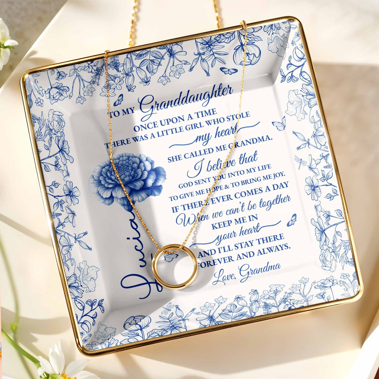 To My Granddaughter Once Upon A Time, Flowers - Personalized Custom Jewelry Dish, Ceramic Dish, Square Shape - GDT408_SCRF