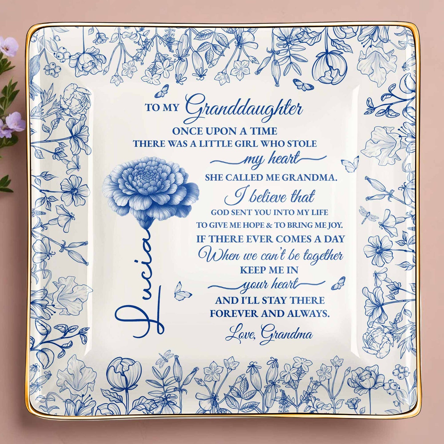 To My Granddaughter Once Upon A Time, Flowers - Personalized Custom Jewelry Dish, Ceramic Dish, Square Shape - GDT408_SCRF