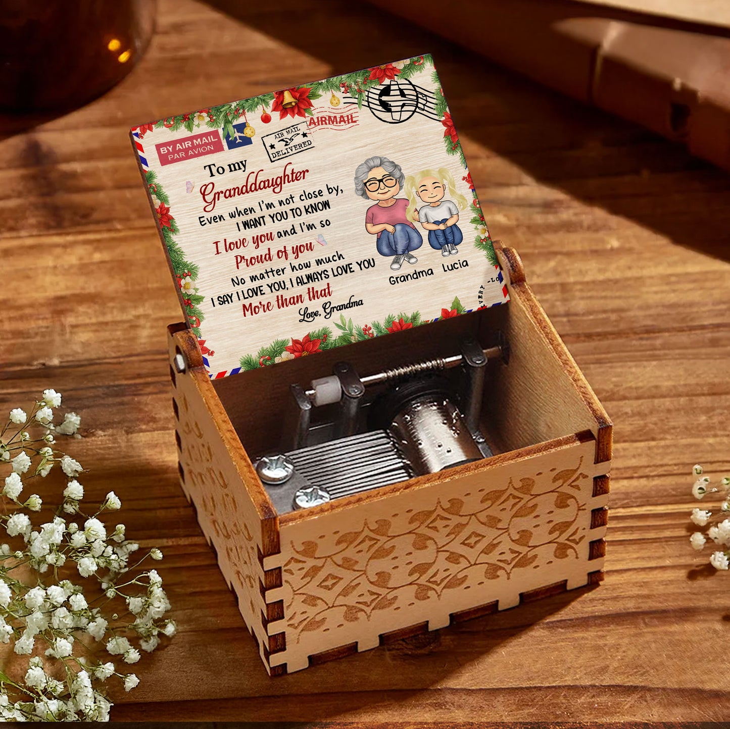 To My Granddaughter, Love Grandma, Grandmother And Granddaughter - Custom Music Box With "We Wish You A Merry Christmas" Tune - GDT409_MZX