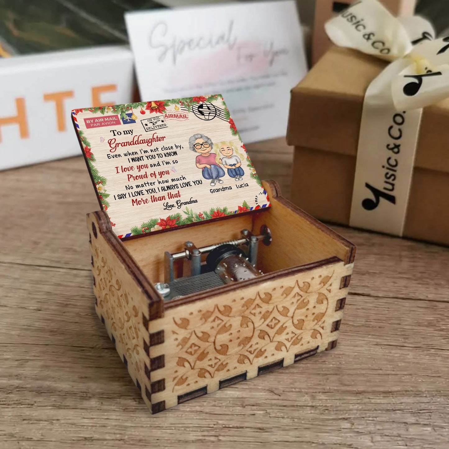 To My Granddaughter, Love Grandma, Grandmother And Granddaughter - Custom Music Box With "We Wish You A Merry Christmas" Tune - GDT409_MZX